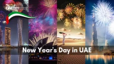 A collage of UAE New Year celebrations, featuring fireworks and desert scenes.