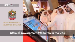 UAE Ministry of Education emblem next to dignitaries in kanduras engaging with a digital touchscreen kiosk