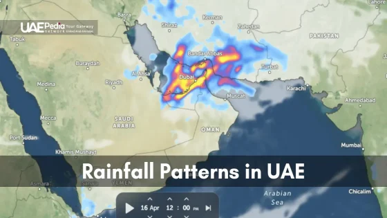 A weather radar map displaying rainfall patterns over the UAE and Gulf region.