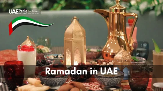Festive Iftar table with gold lanterns, Arabian coffee pot, and traditional foods for Ramadan.