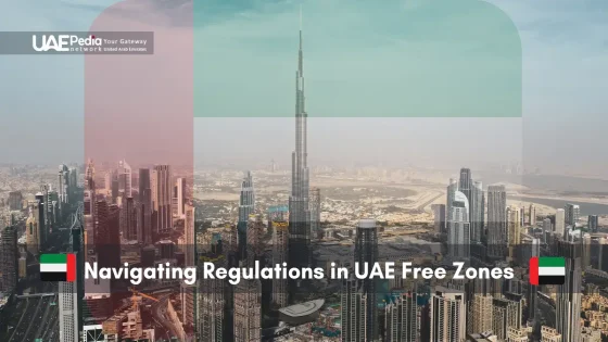 Skyline of Dubai with "Navigating Regulations in UAE Free Zones