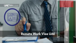 Man in shirt and tie stamps a document with a blue visa icon and transparent UAE flag.