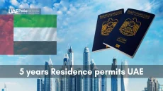 UAE passports and cityscape represent the 5-year residence permits program.