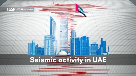 UAE city skyline with seismograph waves, highlighting earthquake monitoring efforts.