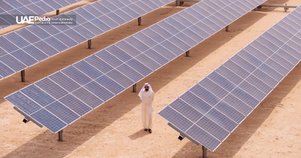 An Individual in white traditional attire is inspecting solar panel arrays in a desert setting.