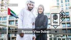 Emirati husband and wife pose outdoors in Dubai Marina with floating visa and UAE flag icon.