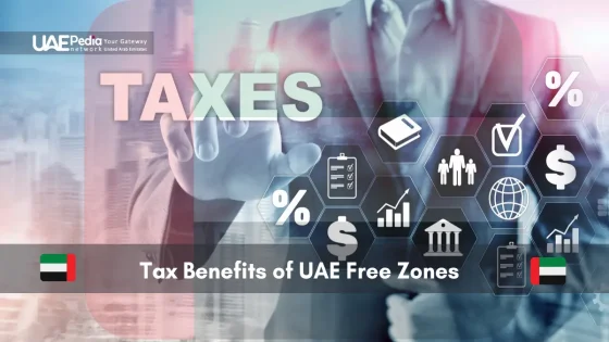 Tax-related graphics with "Tax Benefits of UAE Free Zones