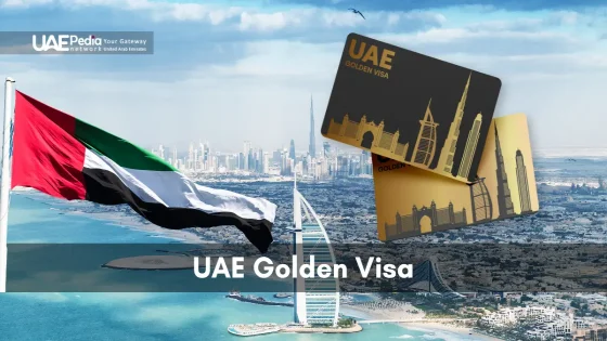 Waving UAE flag above Palm Jumeirah with floating golden visa cards depicting Burj Al Arab and Burj Khalifa under blue sky.