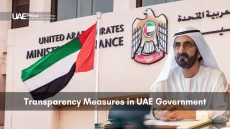 The UAE flag in front of the Finance Ministry and Sheikh Mohammed at his desk in traditional dress.