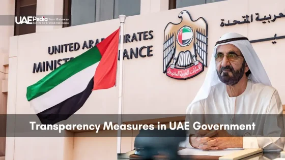 The UAE flag in front of the Finance Ministry and Sheikh Mohammed at his desk in traditional dress.