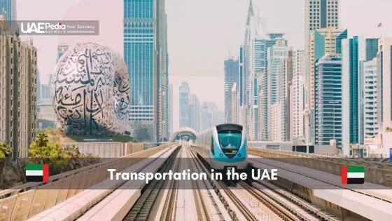 Modern tram on tracks in Dubai with futuristic architecture in the background