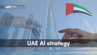 Digital composite of robotic and human hands with Burj Khalifa and UAE flag background