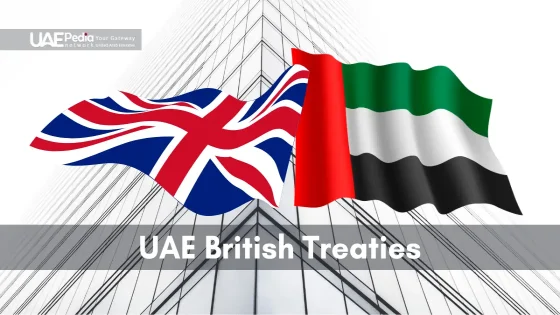 UAE and UK flags representing treaties' historical impact on the UAE.