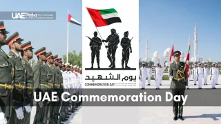 Military ceremony collage with UAE flag, soldiers in formation, and "UAE Commemoration Day" text.