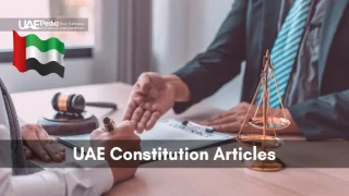 Two professionals shaking hands with a legal scale and the UAE flag displayed.