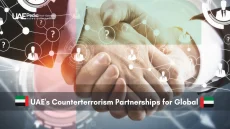 Handshake with security and partnership icons illustrating counterterrorism collaboration.