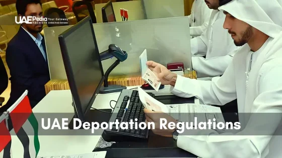 Immigration officers inspecting documents for deportation under UAE regulations at a desk.