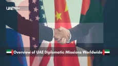 Handshake in front of international flags representing diplomacy