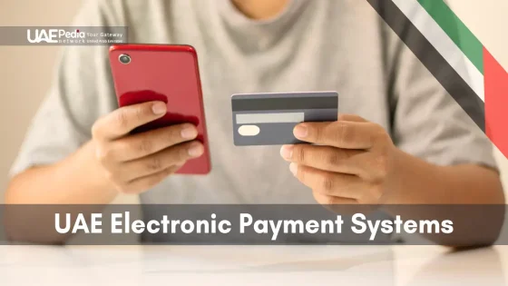 A person using a phone and card for UAE electronic payment systems.