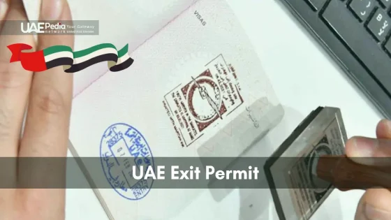 Close-up of hands stamping a blue exit permit stamp onto a United Arab Emirates passport.