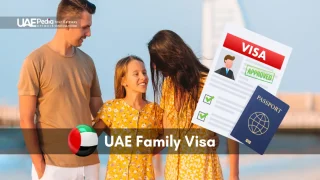 Parents and child smiling on a Dubai pier next to an approved visa form and UAE flag badge collage