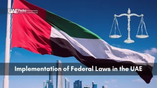 UAE flag with a justice scale symbolizing the implementation of federal laws in the country.