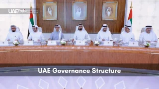 UAE ministers in traditional dress sitting at a curved table with national flags.