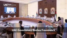 UAE government meeting with officials seated around a curved table and national flags.