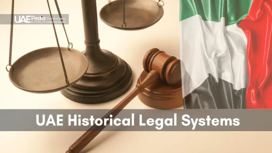 Justice scales, gavel, and UAE flag illustrating historical legal systems.