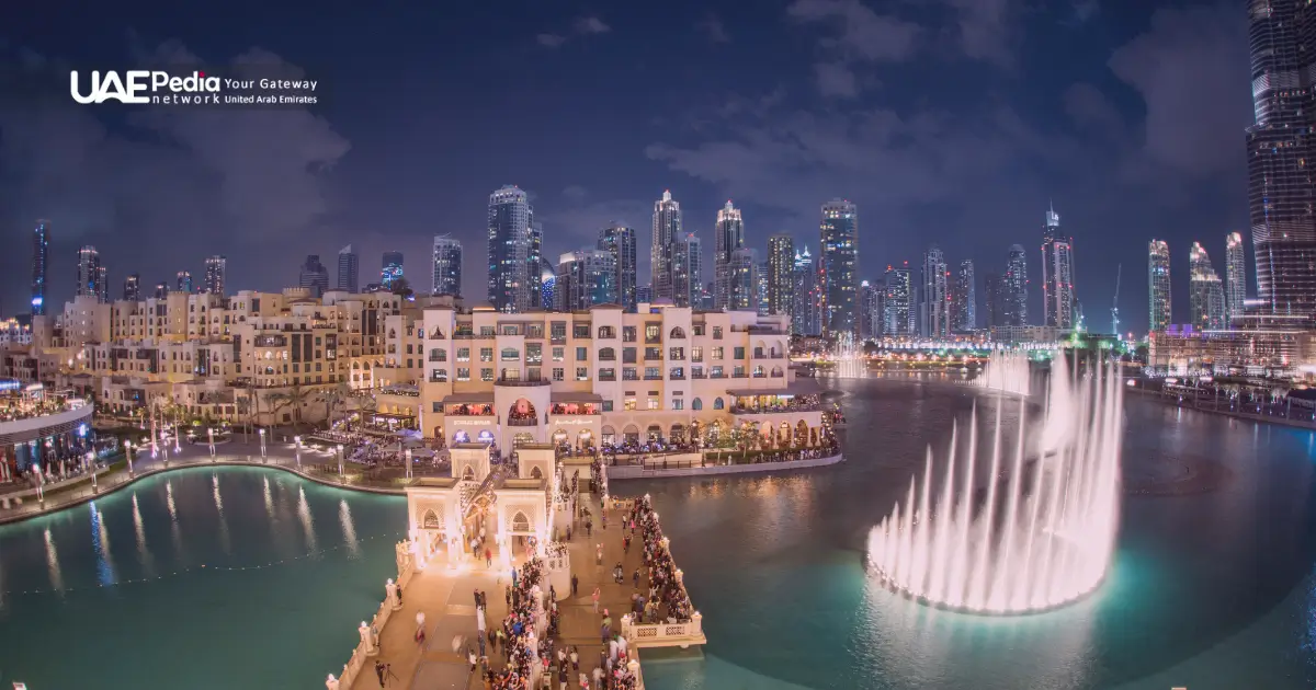 The Burj Khalifa lit up at night with a mesmerizing water fountain show in Dubai.