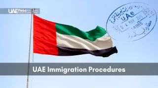 A UAE national flag flutters under clear blue sky with a superimposed passport entry stamp.