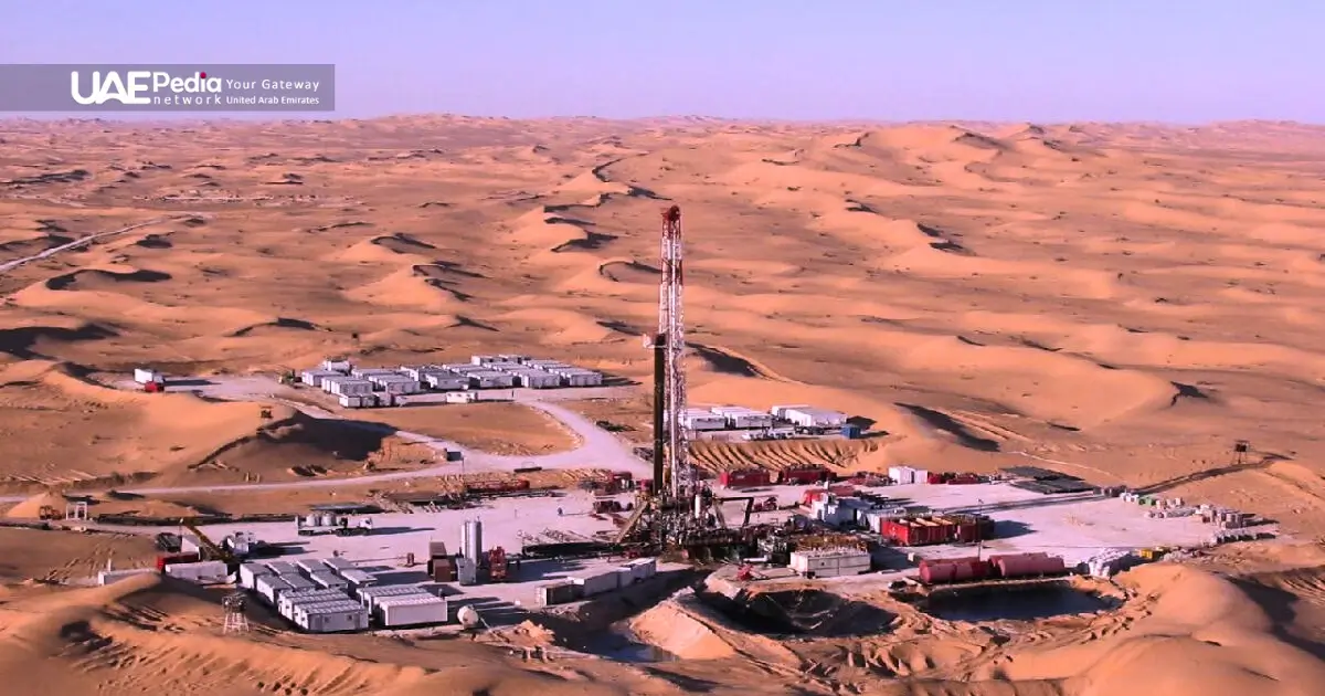 Aerial view of an oil drilling site in the UAE desert landscape.