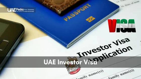 UAE investor visa application form beside a blue passport, a leather wallet, and a smartphone on a table
