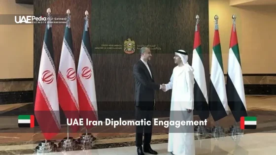 UAE and Iran flags with diplomats shaking hands