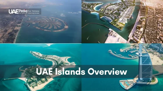 Collage of UAE islands featuring iconic landscapes and man-made developments.