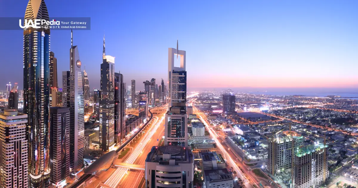 Skyscrapers and highways in Dubai representing the UAE's modern transition.