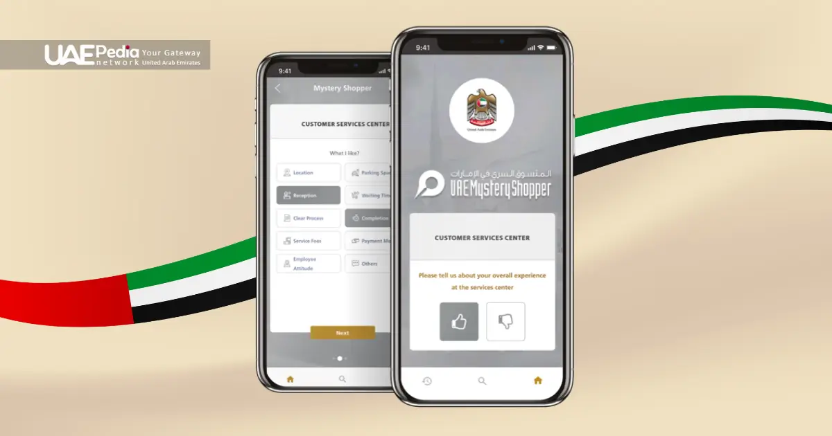 Two phones show UAE Mystery Shopper interface for rating service quality.
