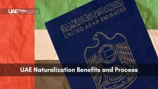 Close-up of UAE passport resting on a stylized national flag representing naturalization.