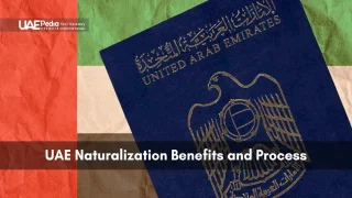 Close-up of UAE passport resting on a stylized national flag representing naturalization.