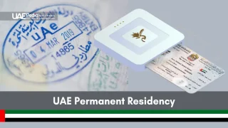 Blue UAE entry stamp faded behind a digital chip dispensing a permanent residency card.