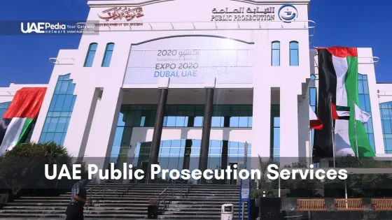 The UAE Public Prosecution building in Dubai with national flags and modern design.