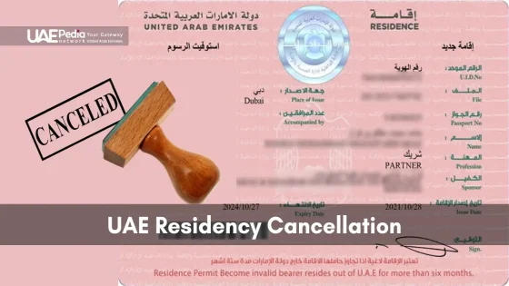 UAE pink residence visa card overlaid with a “CANCELED” stamp and wooden seal impression.