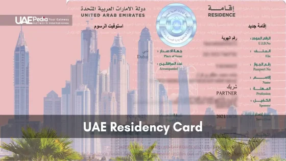 Pink UAE residency permit card displayed against a backdrop of Dubai high-rises and palm trees.