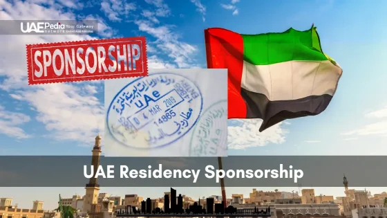 Collage of UAE flag waving above city, “SPONSORSHIP” stamp and a UAE visa entry seal overlaid.