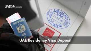 Backpack holding a UAE passport and visa beside a stamped residency visa deposit page.