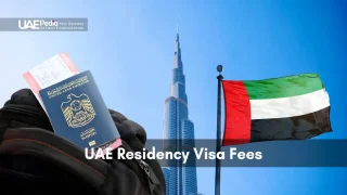 Emirati passport and visa peeking from a bag with Burj Khalifa and UAE flag behind.