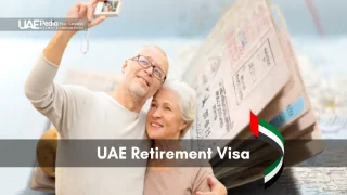 Elderly couple posing for a selfie by the sea with blurred UAE visa stamp pages and flag ribbon.