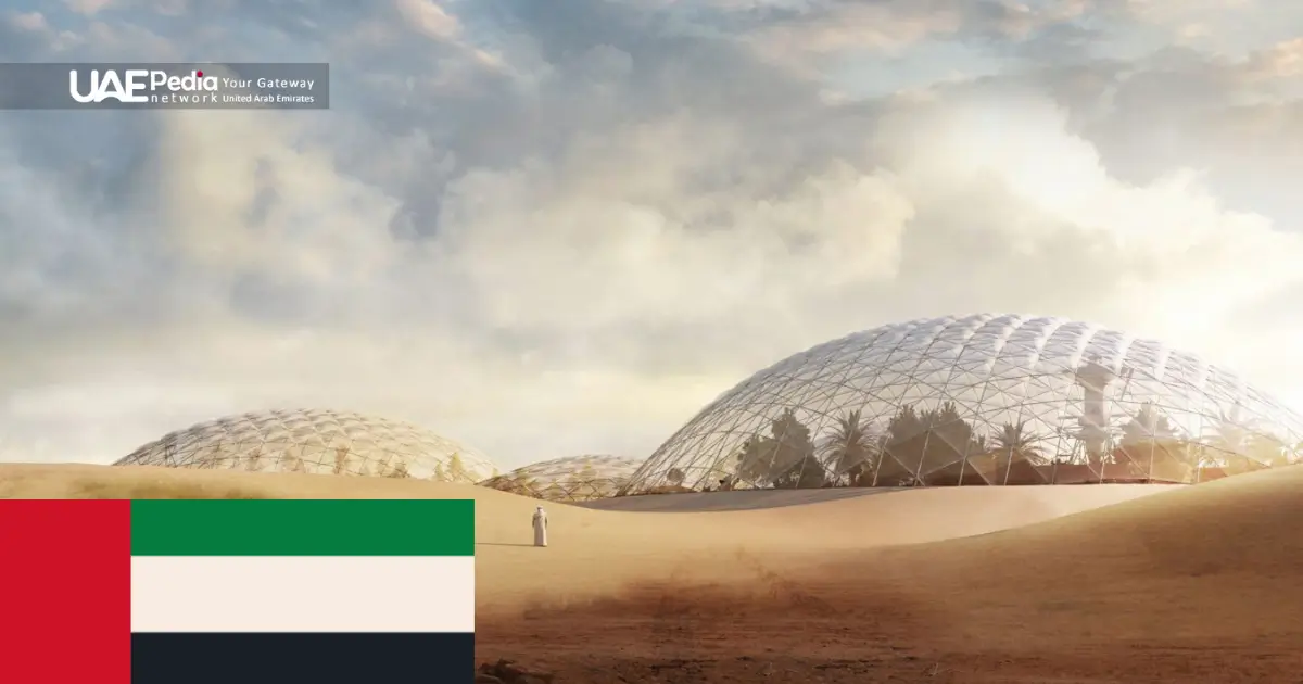 Futuristic geodesic domes on a desert landscape symbolize UAE’s Mars ambitions.