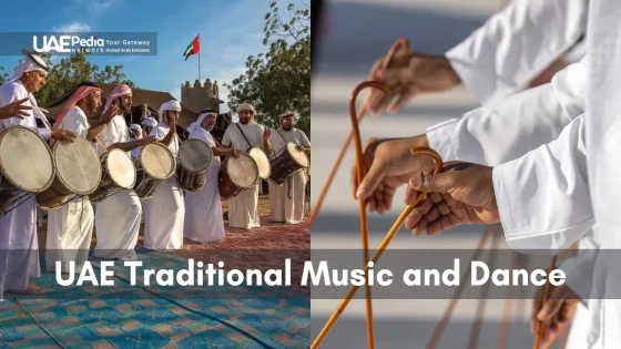 UAE musicians playing drums and performers dancing with canes in traditional attire.