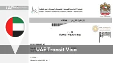 Screenshot of a UAE 48-hour transit eVisa document beside a circular flag pin in UAE colors